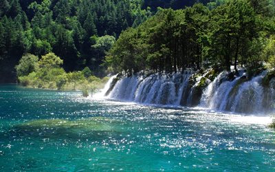 O Parque Nacional De Jiuzhaigou, cachoeira, rio, floresta, China, &#193;sia