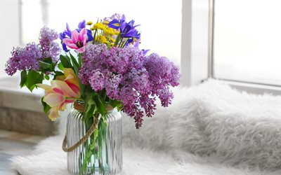 lilac, spring bouquet, tulips, vase with flowers, spring floral decoration