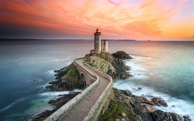 lighthouse, sunset, seascape, bay, coast, sea, evening