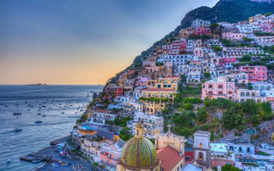 Positano, costa, mar, noche, Amalfi, Salerno, Campania, Italia