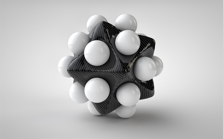 3d de carbono estrellas, bolas blancas, blanco esfera 3d, objetos 3D