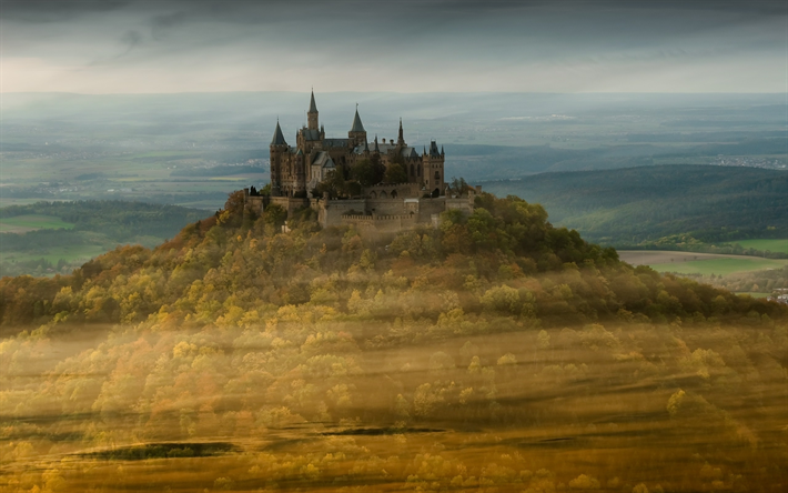 Hohenzollern Castle, mountains, german landmarks, Europe, Germany