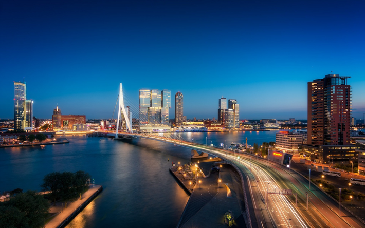 Pont Erasmus, Rotterdam, pont &#224; haubans, Meuse, nuit, paysage urbain, Erasmusbrug, pays-bas, Hollande