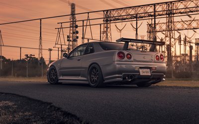Nissan Skyline GT-R, R34, rear view, gray sports coupe, tuning R34 Skyline, Japanese sports cars, Nissan