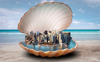 beach, sea, shell, skyscrapers, art, creative