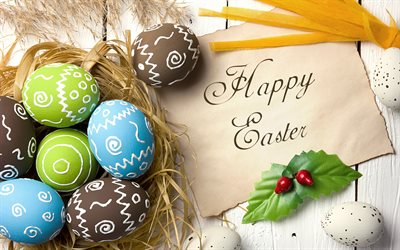 Happy Easter, spring, April 2018, Easter colored eggs, paper leaf, Easter