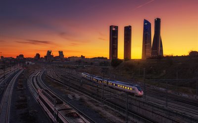 Madrid, sunset, evening, skyscrapers, railway, railway station, Spain