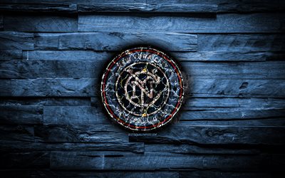 New York City FC, 4k, scorched logo, MLS, blue wooden background, american football club, Eastern Conference, grunge, soccer, New York City logo, fire texture, USA
