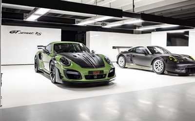 Porsche 911 GT STREET RS, 2019, Turbo, TechArt, new green-black 911 GT, front view, sports car, German sports cars, Porsche