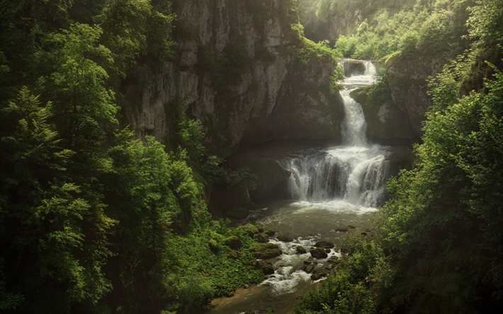 滝, 山々, 山川, 春, 緑の木々, 美しい滝
