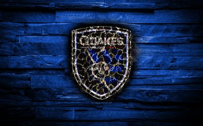 San Jose Earthquakes FC, 4k, scorched logo, MLS, blue wooden background, american football club, Western Conference, grunge, soccer, San Jose Earthquakes logo, fire texture, USA