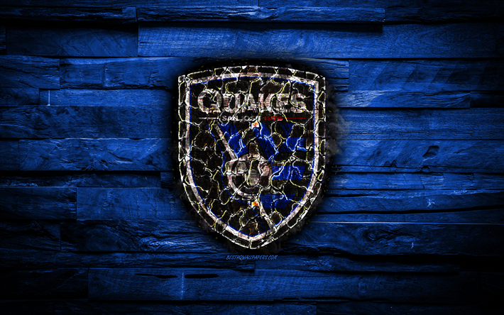 San Jose Earthquakes FC, 4k, scorched logo, MLS, blue wooden background, american football club, Western Conference, grunge, soccer, San Jose Earthquakes logo, fire texture, USA