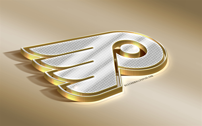 Philadelphia Flyers, Amerikan Hokey Kul&#252;b&#252;, NHL, Altın G&#252;m&#252;ş logo, Philadelphia, Pennsylvania, ABD Ulusal Hokey Ligi, 3d altın amblemi, yaratıcı 3d sanat, hokey