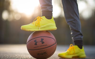 basketball ball, yellow crossovers, basketball sneakers, street basketball