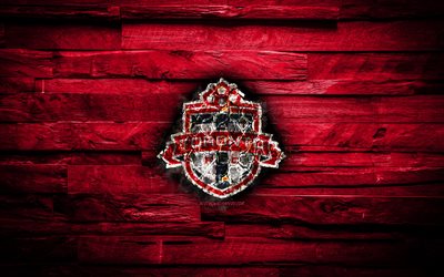 Toronto FC, 4k, scorched logo, MLS, purple wooden background, american football club, Eastern Conference, grunge, soccer, Toronto FC logo, fire texture, USA