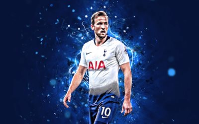 Harry Kane, forward, Tottenham Hotspur FC, close-up, english footballers, soccer, Kane, striker, Premier League, neon lights, Tottenham FC