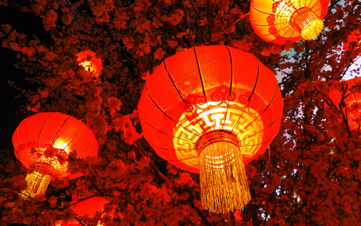 中華の妖精ライト, 4k, 夜, 中国の祭り, 近, 妖精ライト