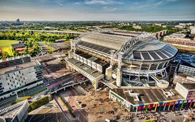 4k, Amsterdam Arena, aerial view, Johan Cruijff Arena, Ajax stadium, soccer, Amsterdam, football stadium, Ajax FC