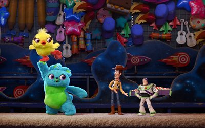 Toy Story 4, 2019, 4k, personajes, promo, cartel, dibujo animado