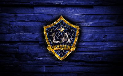 Los Angeles Galaxy FC, 4k, scorched logo, MLS, blue wooden background, american football club, Western Conference, grunge, LA Galaxy, soccer, Los Angeles Galaxy logo, fire texture, USA