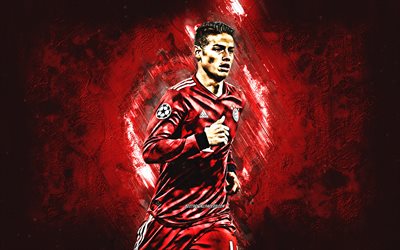 James Rodriguez, Bayern Munich FC, attacking midfielder, red stone, portrait, famous footballers, football, Colombian footballers, grunge, Bundesliga, Germany