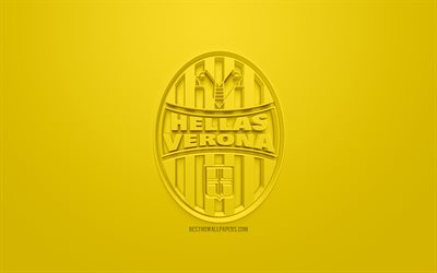 Hellas Verona FC, cr&#233;atrice du logo 3D, fond jaune, 3d embl&#232;me, italien, club de football, Serie B, V&#233;rone, Italie, art 3d, le football, l&#39;&#233;l&#233;gant logo 3d