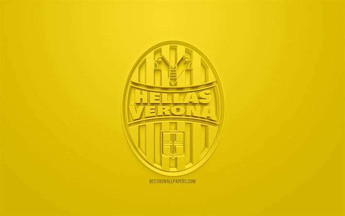 Hellas Verona FC, yaratıcı 3D logo, sarı arka plan, 3d amblem, İtalyan Futbol Kul&#252;b&#252;, Serie B, Verona, İtalya, 3d sanat, futbol, 3d logo şık