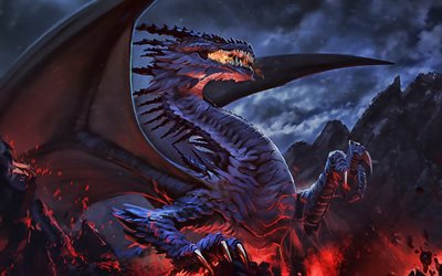violett dragon, eld, m&#246;rker, natt, fantasy art, monster, drakar