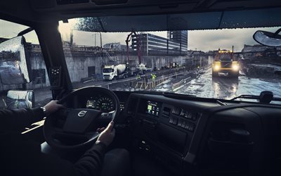 Volvo FMX, 2019, vista interior, la cabina, el volante, el nuevo FMX, Volvo