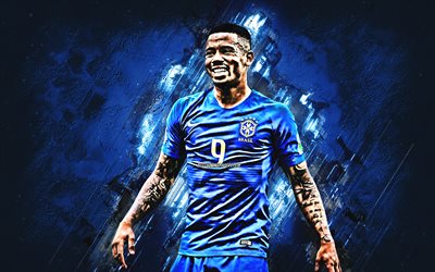 Gabriel Jesus, Brazil national football team, Striker, blue stone, portrait, famous footballers, football, Brazilian footballers, grunge, Brazil