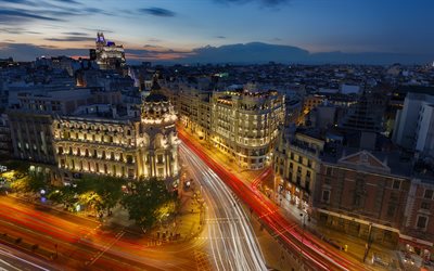 Madrid, noite, p&#244;r do sol, luzes da cidade, luzes desfocadas, a capital espanhola, paisagem urbana, Espanha