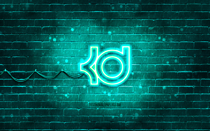 Kevin Durant turquoise logo, 4k, turquoise brickwall, Kevin Durant logo, basketball stars, Kevin Durant neon logo, Kevin Durant