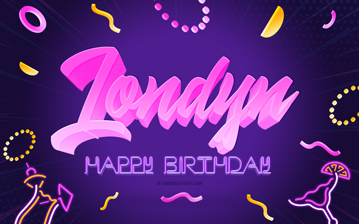 お誕生日おめでとうロンディン, 4k, 紫のパーティーの背景, ロンディン, クリエイティブアート, ロンディンの誕生日おめでとう, ロンドンの名前, ロンディンの誕生日, 誕生日パーティーの背景