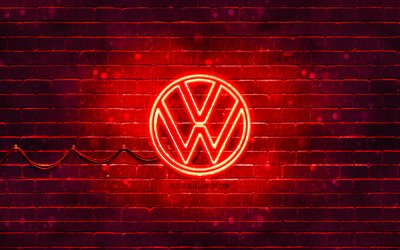 logo volkswagen rosso, muro di mattoni rosso, 4k, nuovo logo volkswagen, marchi di automobili, logo vw, logo al neon volkswagen, logo volkswagen 2021, logo volkswagen, volkswagen