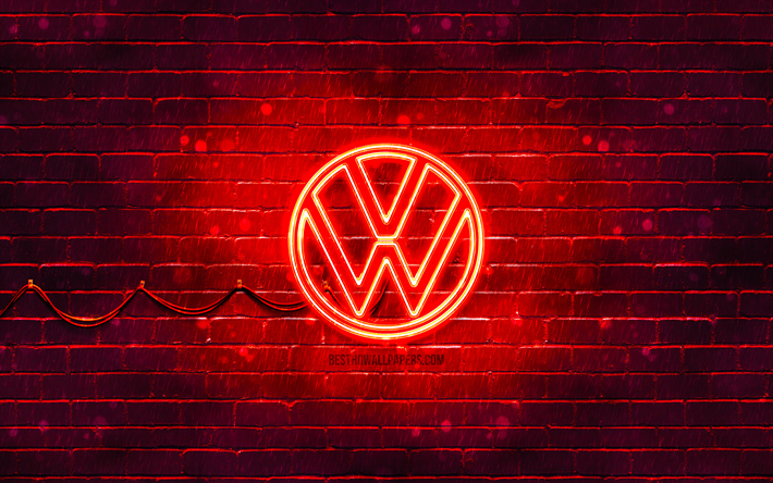 Volkswagen red logo, red brickwall, 4k, Volkswagen new logo, cars brands, VW logo, Volkswagen neon logo, Volkswagen 2021 logo, Volkswagen logo, Volkswagen
