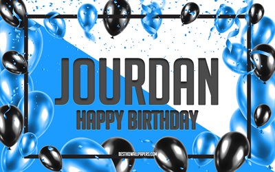 buon compleanno jourdan, sfondo di palloncini di compleanno, jourdan, sfondi con nomi, sfondo di compleanno di palloncini blu, compleanno di jourdan
