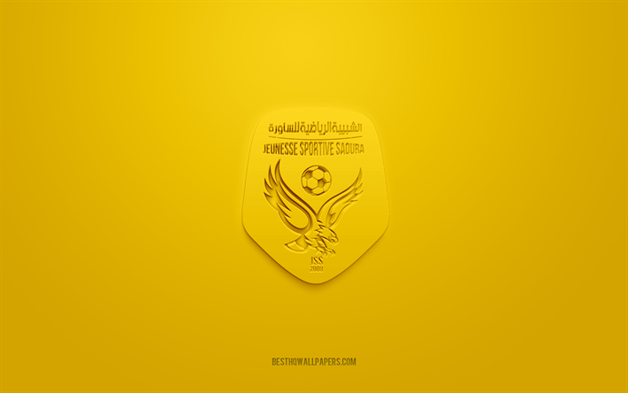 js saoura, logotipo 3d creativo, fondo amarillo, club de f&#250;tbol argelino, ligue professionnelle 1, meridja, argelia, arte 3d, f&#250;tbol, ​​logotipo 3d js saoura