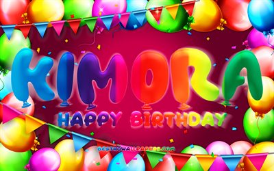 お誕生日おめでとうキモラ, 4k, カラフルなバルーンフレーム, キモラ名, 紫の背景, キモラお誕生日おめでとう, スカウトの誕生日, 人気のあるアメリカの女性の名前, 誕生日のコンセプト, キモラ