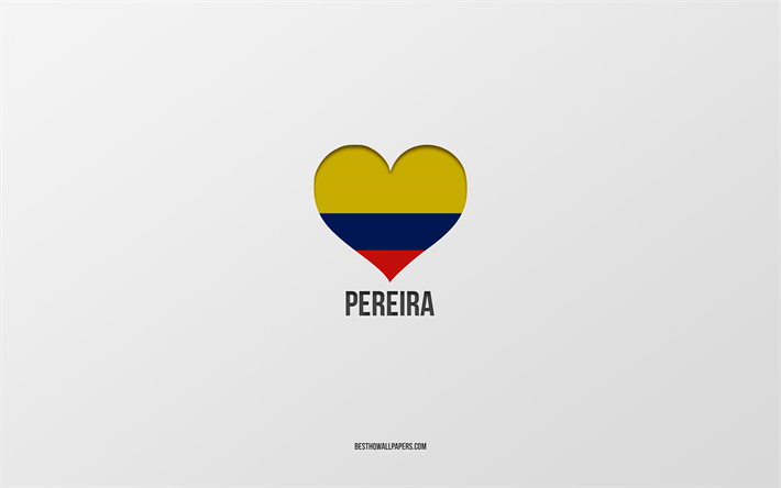 j aime pereira, villes colombiennes, jour de pereira, fond gris, pereira, colombie, coeur de drapeau colombien, villes pr&#233;f&#233;r&#233;es, love pereira
