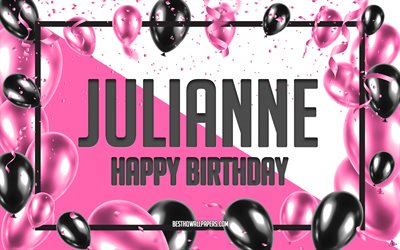 お誕生日おめでとうジュリアン, 誕生日用風船の背景, ジュリアン, 名前の壁紙, ジュリアンお誕生日おめでとう, ピンクの風船の誕生日の背景, グリーティングカード, ジュリアンの誕生日
