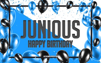 お誕生日おめでとうジュニア, 誕生日用風船の背景, ジュニウス, 名前の壁紙, 陽気なお誕生日おめでとう, 青い風船の誕生日の背景, 陽気な誕生日