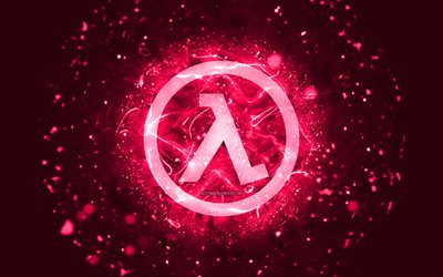 Half-Life pink logo, 4k, pink neon lights, creative, pink abstract background, Half-Life logo, games logos, Half-Life