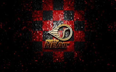 perth heat, glitzerlogo, abl, rot-schwarz karierter hintergrund, baseball, australisches baseballteam, perth heat-logo, mosaikkunst