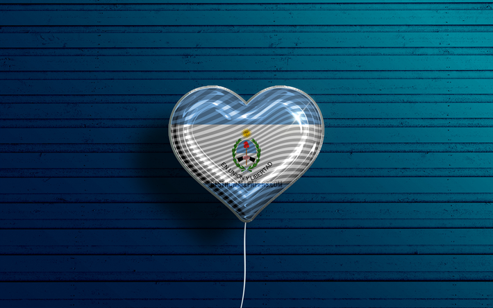 サンファンが大好き, 4k, リアルな風船, 青い木製の背景, サンファンの日, アルゼンチンの州, サンファンの旗, アルゼンチン, 旗が付いている気球, サンファン