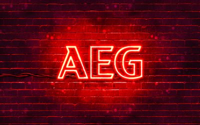 AEG red logo, 4k, red brickwall, AEG logo, brands, AEG neon logo, AEG