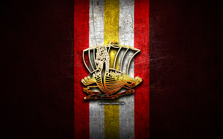 baie-comeau drakkar, logotipo dourado, qmjhl, fundo de metal vermelho, time de h&#243;quei canadense, baie-comeau drakkar logotipo, h&#243;quei