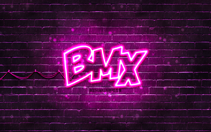 logo bmx viola, 4k, muro di mattoni viola, logo bmx, marchi, logo al neon bmx, bmx