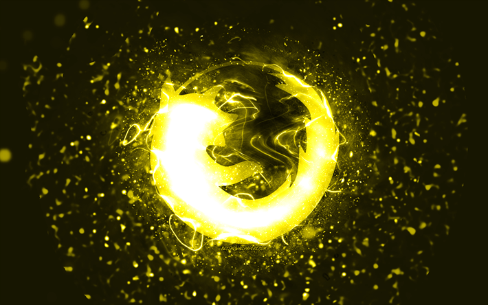Mozilla yellow logo, 4k, yellow neon lights, creative, yellow abstract background, Mozilla logo, brands, Mozilla
