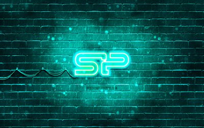 logo turchese silicon power, 4k, muro di mattoni turchese, logo silicon power, marchi, logo neon silicon power, silicon power