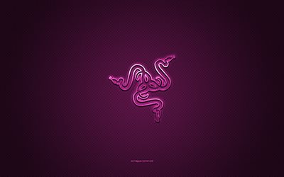 razer-logo, metallinen tunnus, violetti hiilikuiturakenne, razer, tuotemerkit, violetti tausta